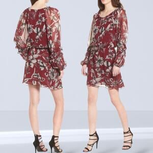 PARKER 100%Silk Ruffle Tier Floral Dress Sheer Sleeve Burgundy Sundress Small